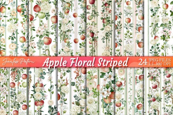 Download Watercolor Apple Floral Striped Pattern - Striped Collection